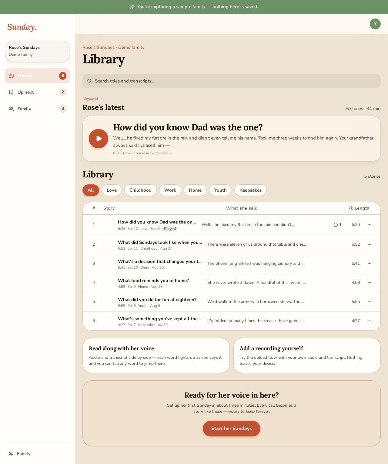 Sunday family dashboard showing Rose's upcoming call, featured audio episode, past recordings, question queue, listeners, and archive
