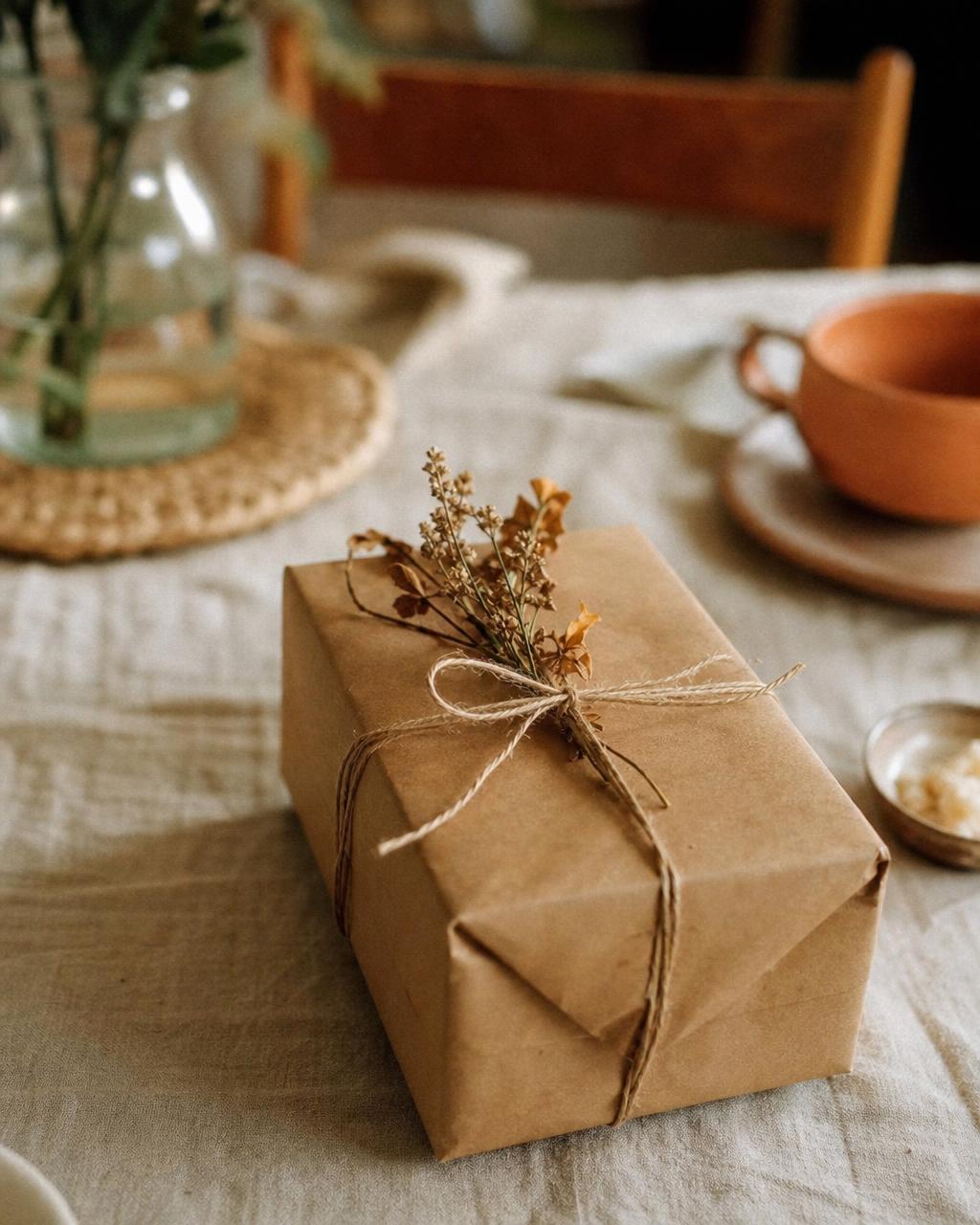 A handmade gift box wrapped in kraft paper and twine with a sprig of dried flowers
