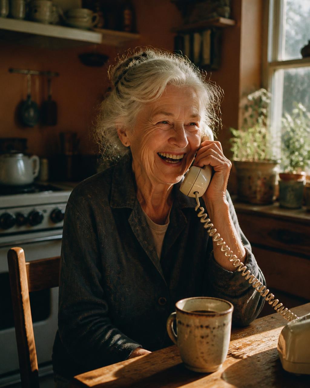 A grandmother laughing on a cream rotary phone in her sunlit kitchen