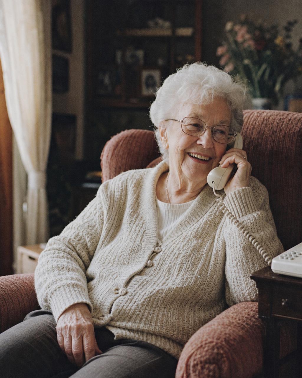 An elderly woman lighting up with a smile as she answers the phone