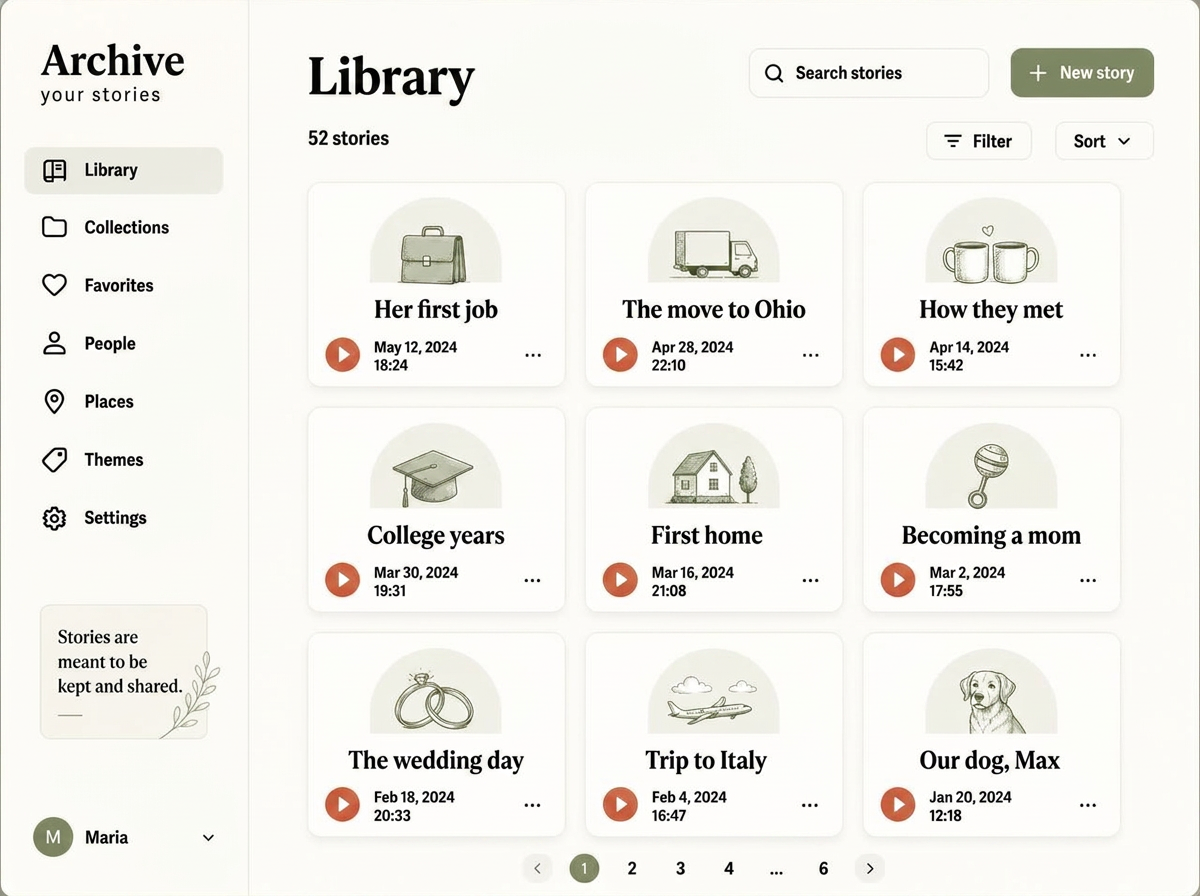 Sunday story library showing 52 recorded stories as playable cards with titles and dates