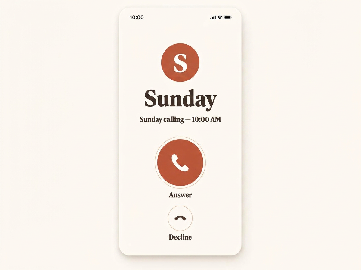 Sunday incoming call screen showing the Sunday caller and Answer button at 10:00 AM