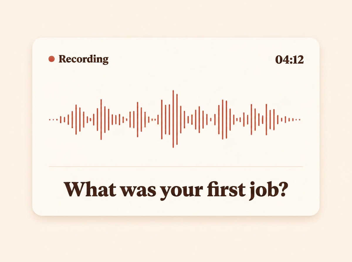 Sunday recording card with a live waveform, a 4:12 timer, and the question 'What was your first job?'
