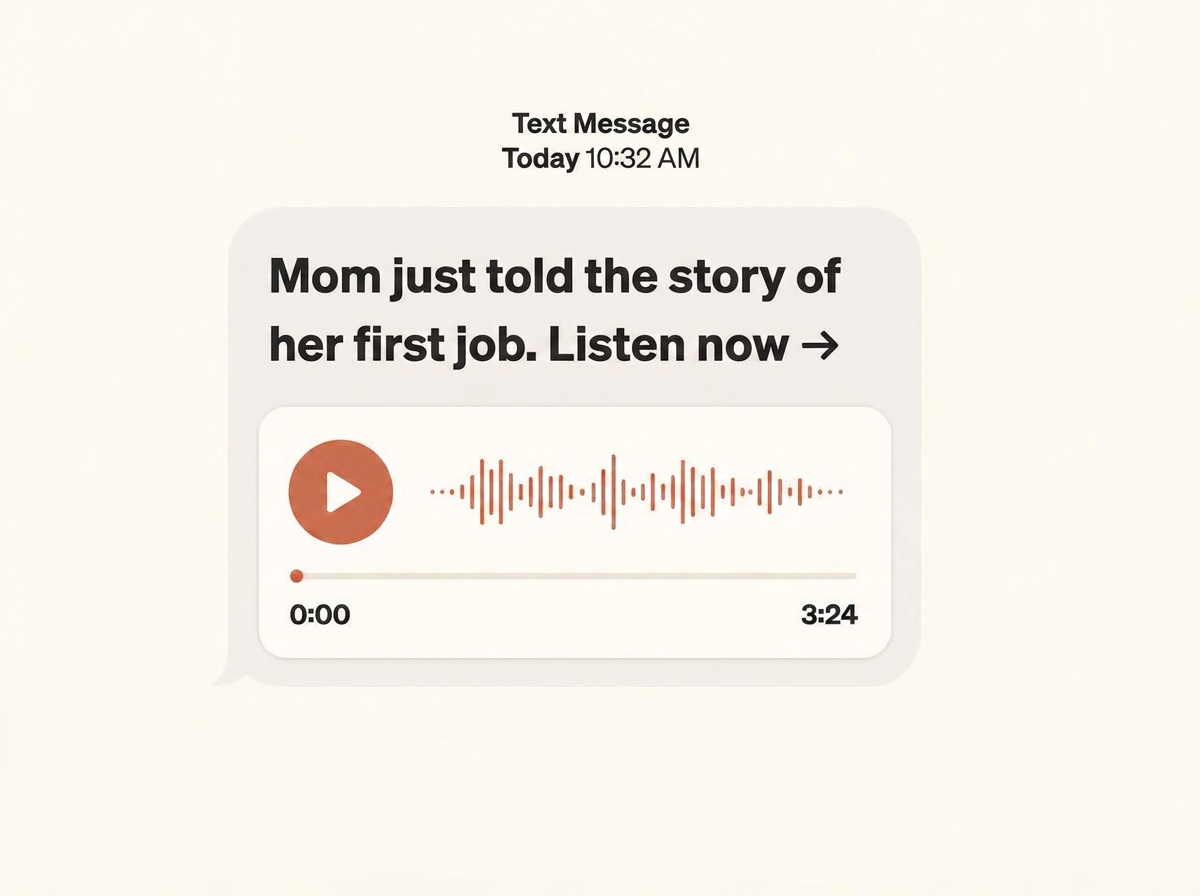 Text message from Sunday with a two-line summary and a tappable audio player for the new story